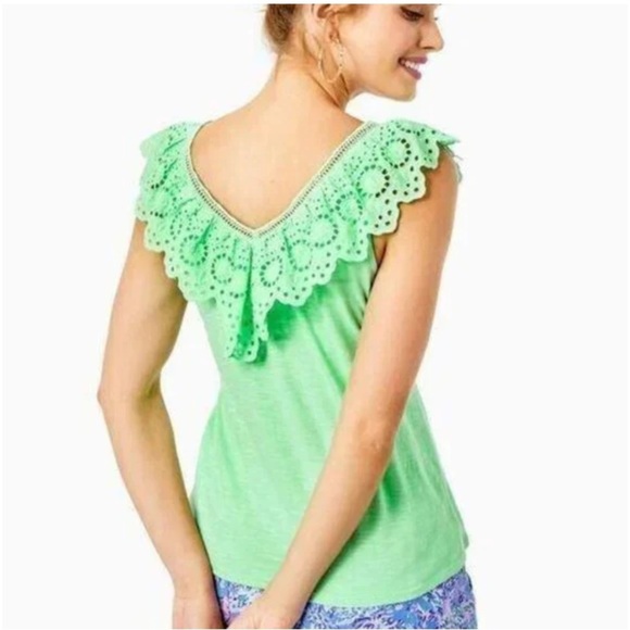 Lilly Pulitzer Plaza Top Green Sleeveless Ruffled Eyelet Collar Tank Size Small - Picture 2 of 8